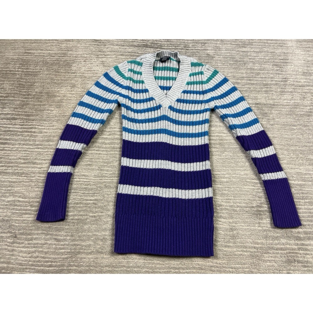Faded Glory Sweater Womens Medium Multicolor Striped V-Neck‎ L/S Cotton Blend